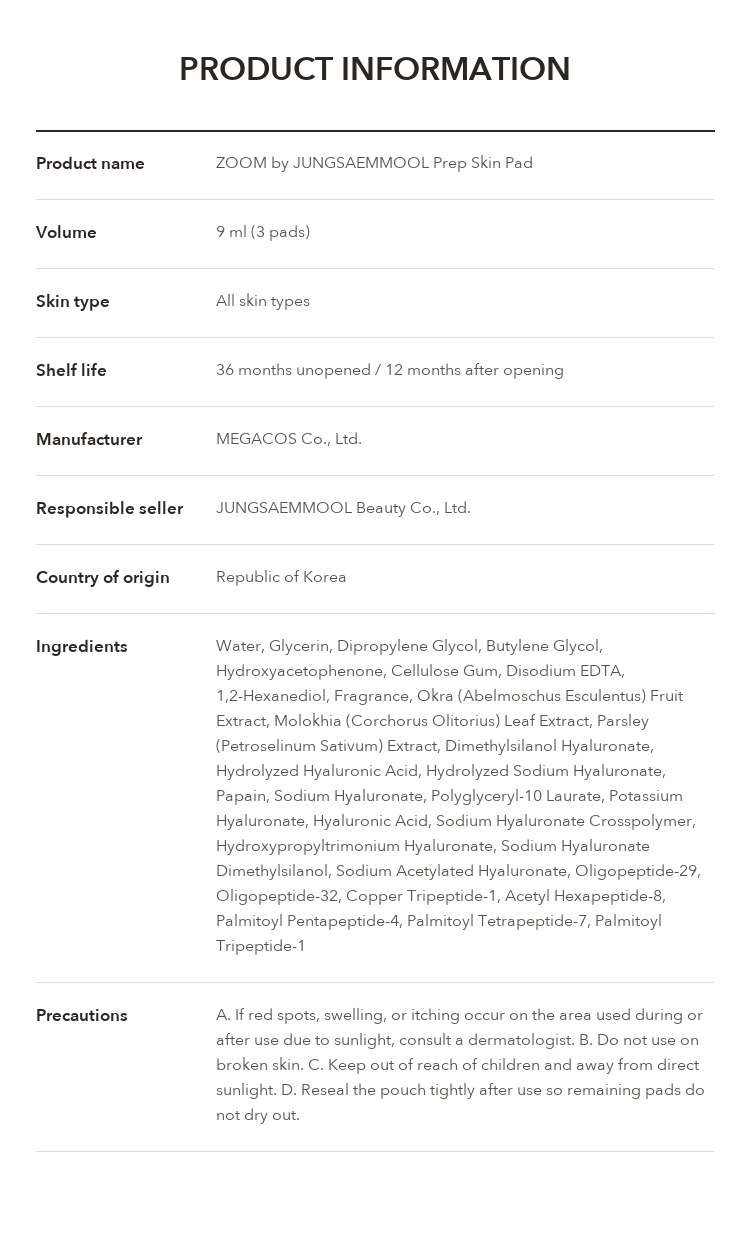 ZOOM by JUNGSAEMMOOL Prep Skin Pad product information