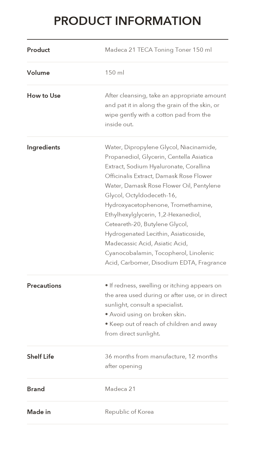 Madeca21 TECA Toning Toner 150ml product information