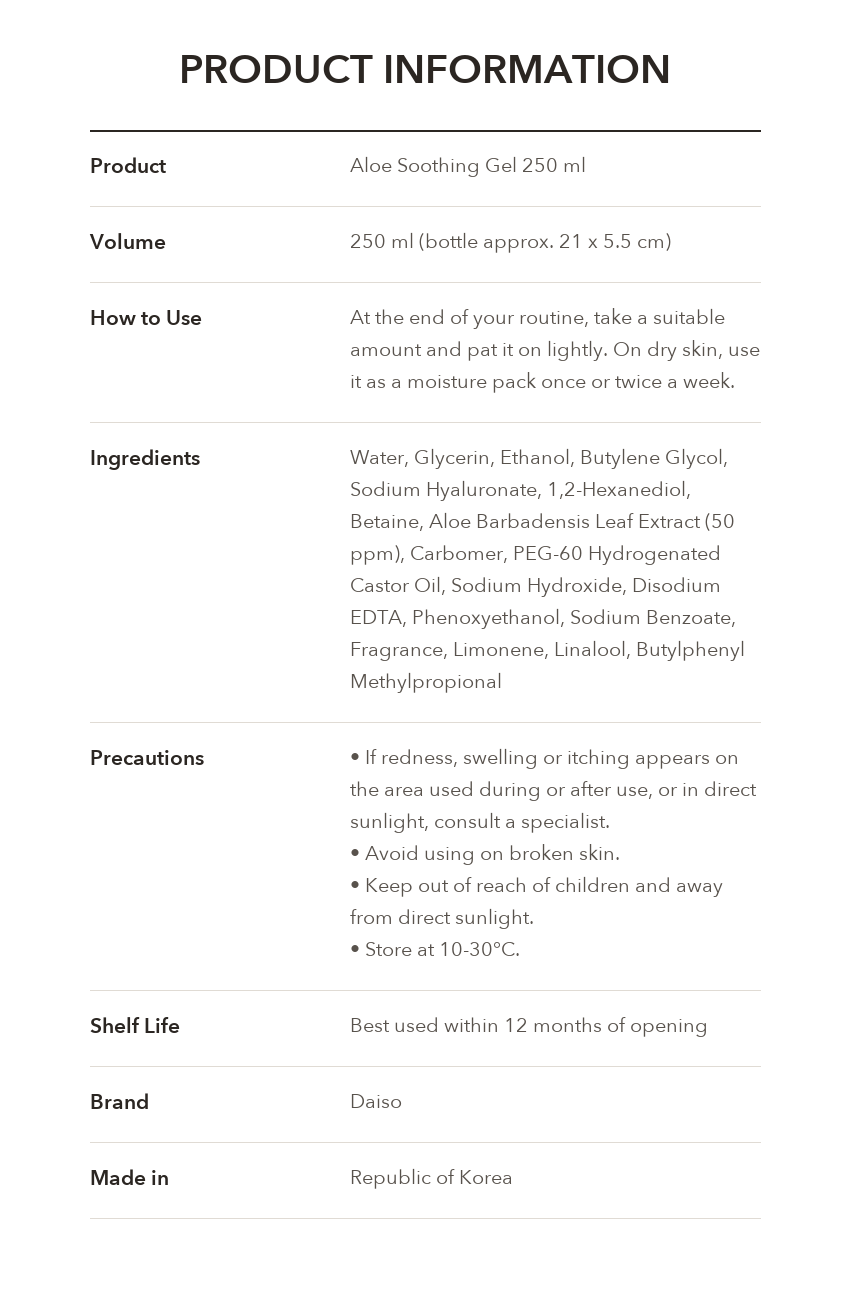 DAISO Aloe Soothing Gel 250ml product information