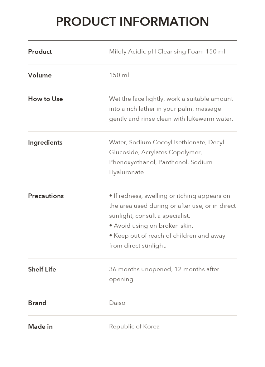 DAISO Mildly Acidic pH Cleansing Foam product information
