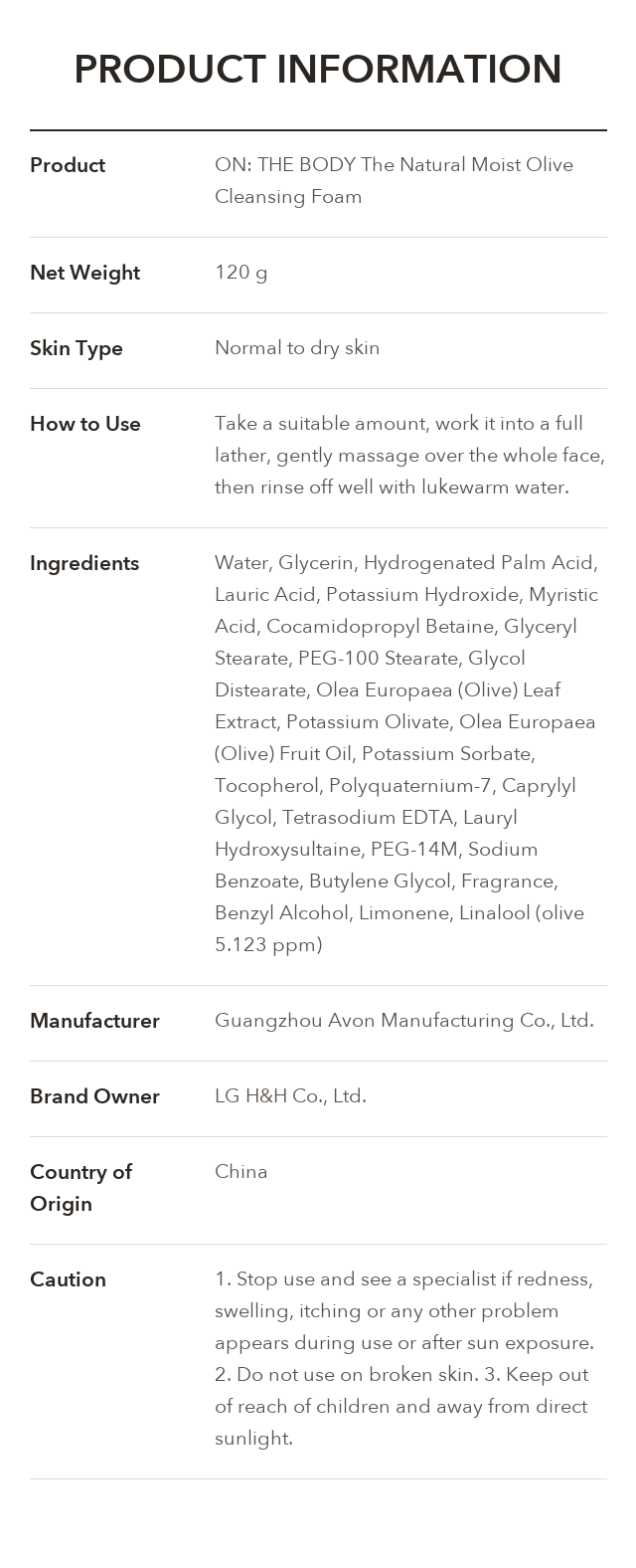 ON: THE BODY The Natural Moist Olive Cleansing Foam product information