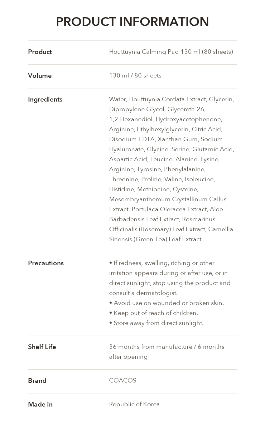 COACOS Houttuynia Calming Pad product information