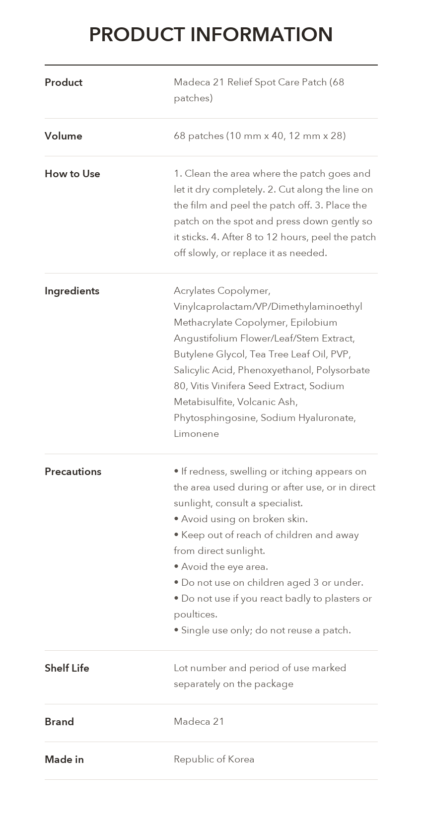 Madeca21 Relief Spot Care Patch product information