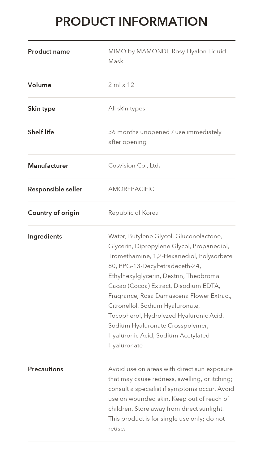 MIMO by MAMONDE Rosy-Hyalon Liquid Mask product information