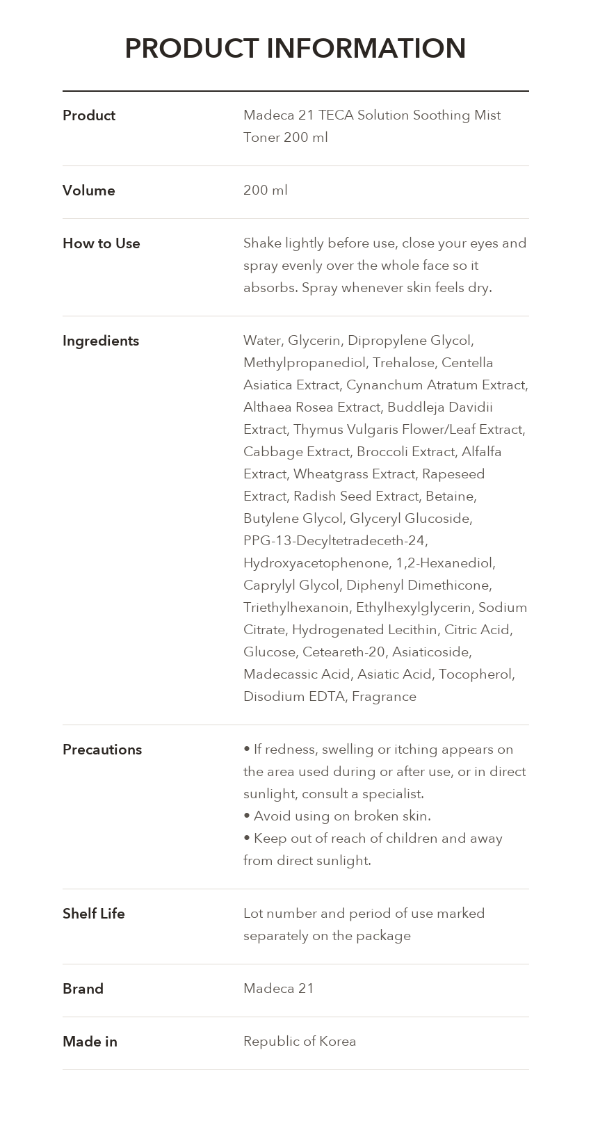 Madeca21 TECA Solution Soothing Mist Toner product information