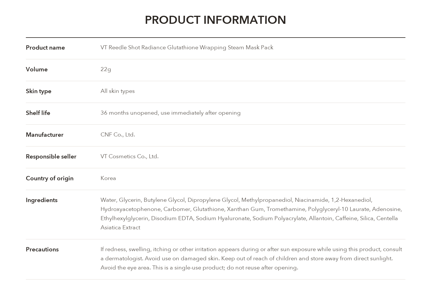 VT Reedle Shot Radiance Glutathione Wrapping Steam Mask 22g product information