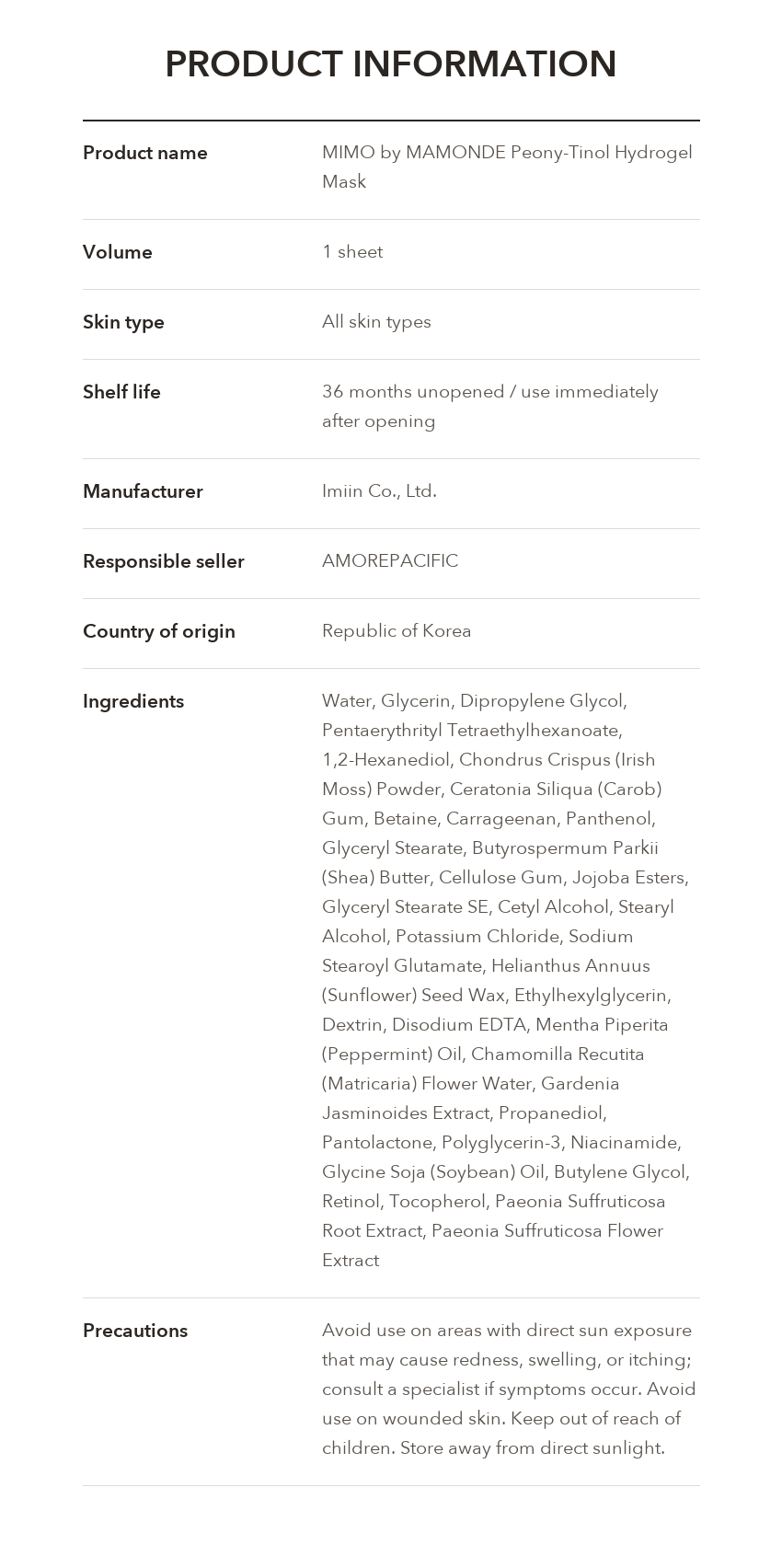 MIMO by MAMONDE Peony-Tinol Hydrogel Mask product information