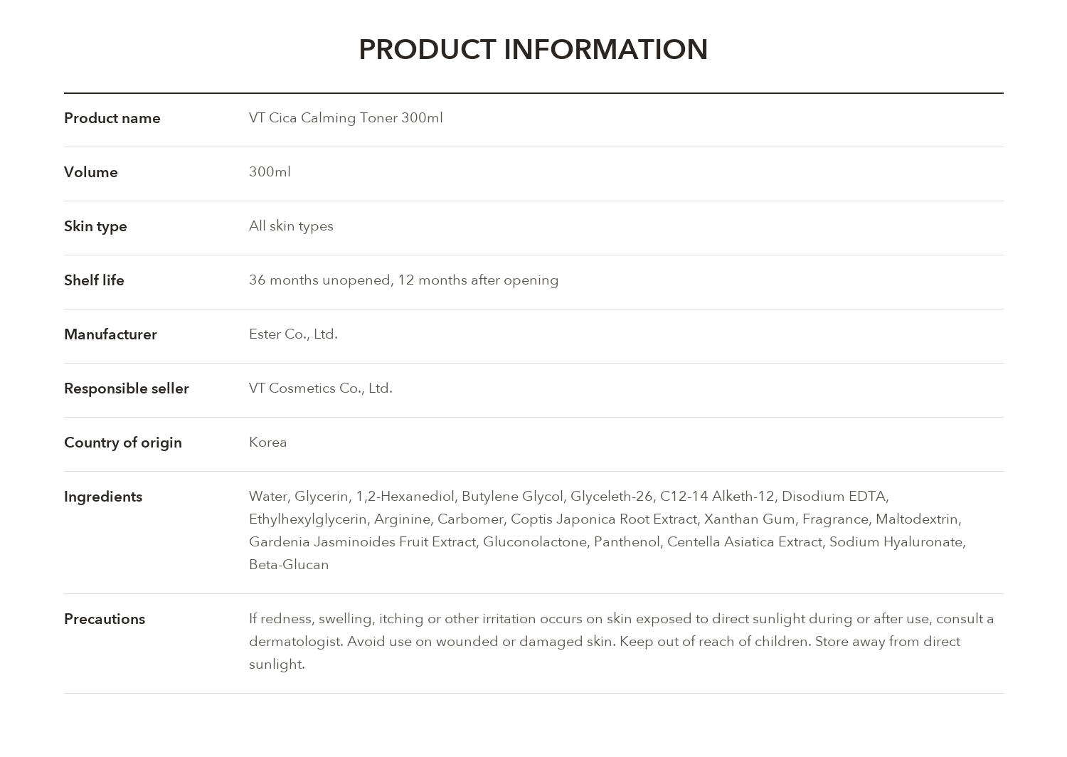 VT Cica Calming Toner 300ml product information