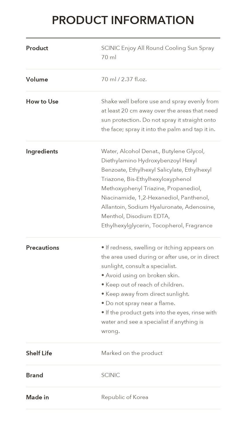 SCINIC Enjoy All Round Cooling Sun Spray product information