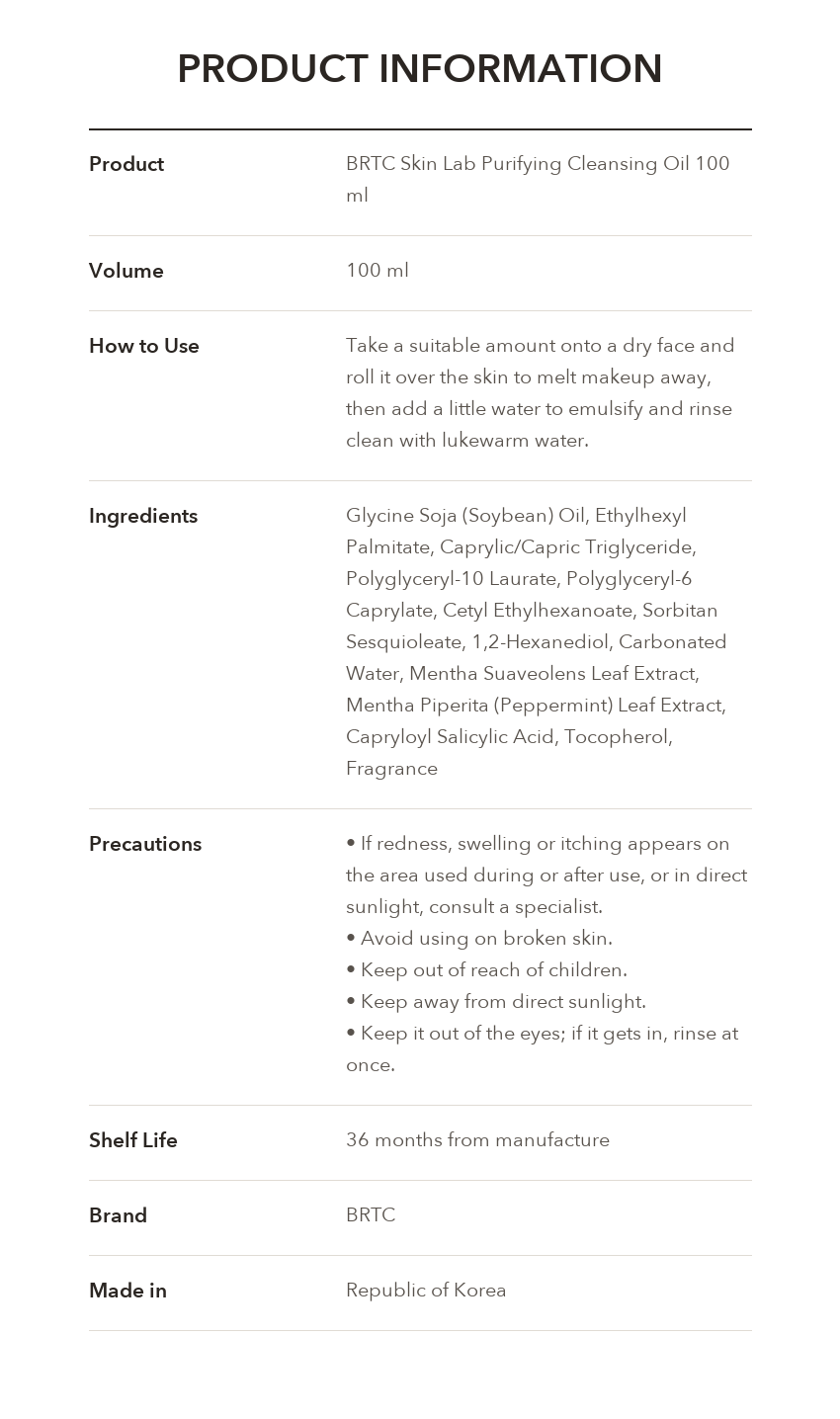 BRTC Cleansing Oil product information