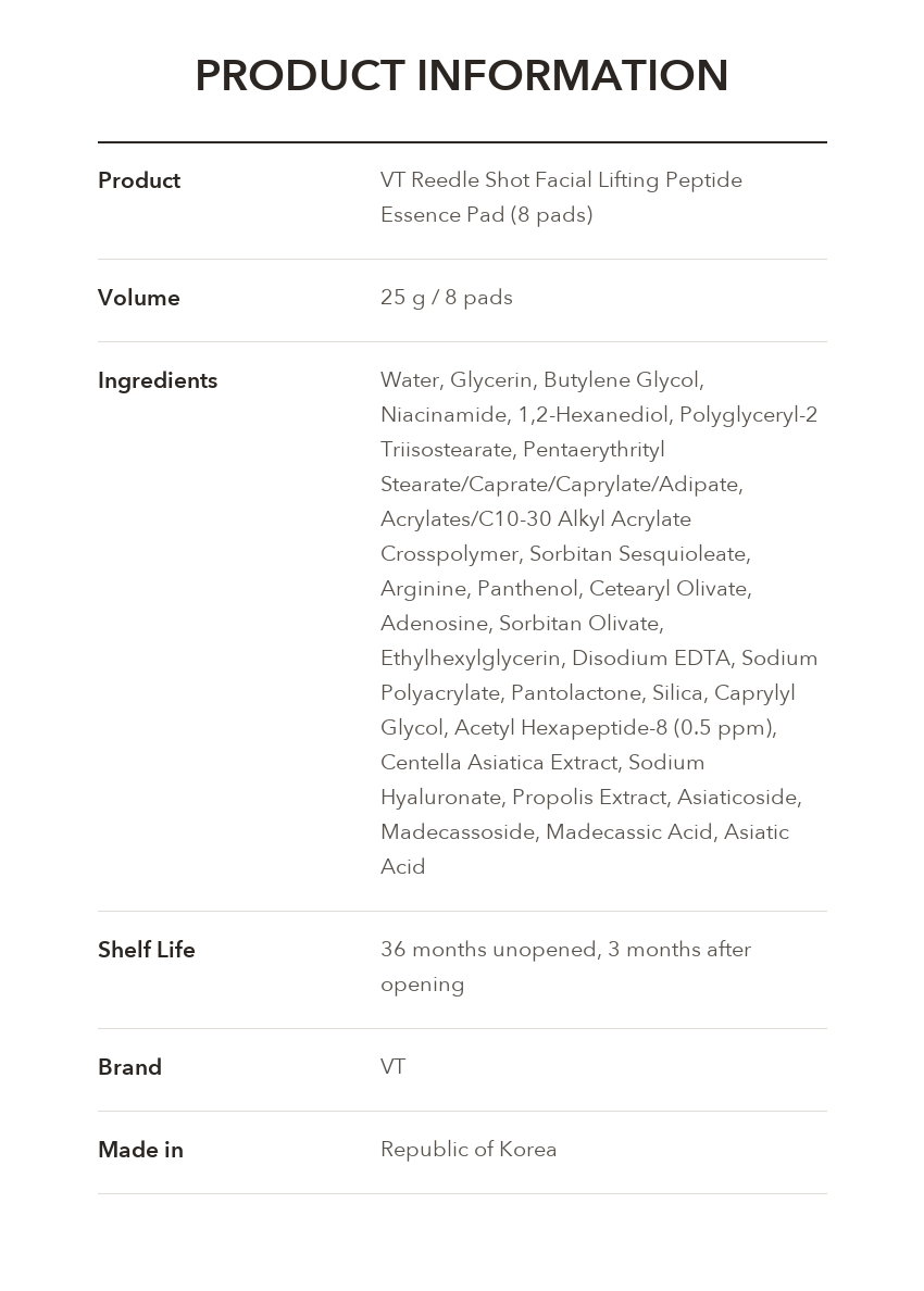 VT Reedle Shot Facial Lifting Peptide Essence Pad 8 Pads product information