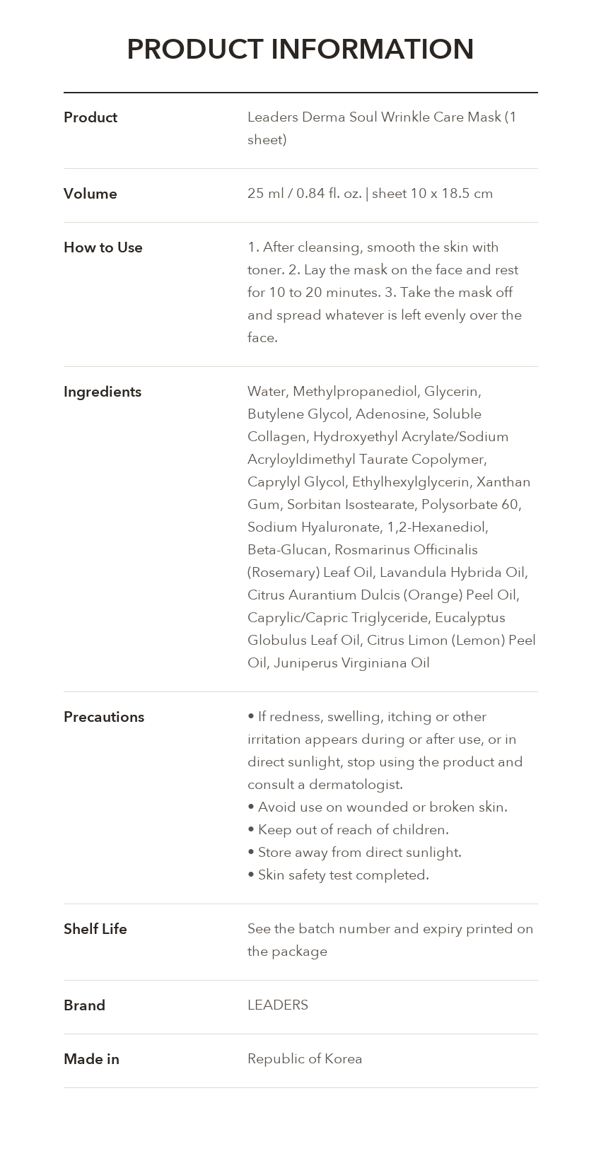 LEADERS Derma Soul Wrinkle Care Mask product information
