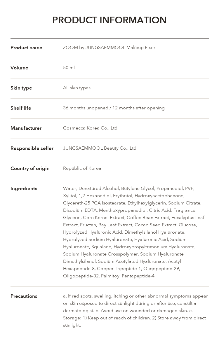 ZOOM by JUNGSAEMMOOL Makeup Fixer 50ml product information
