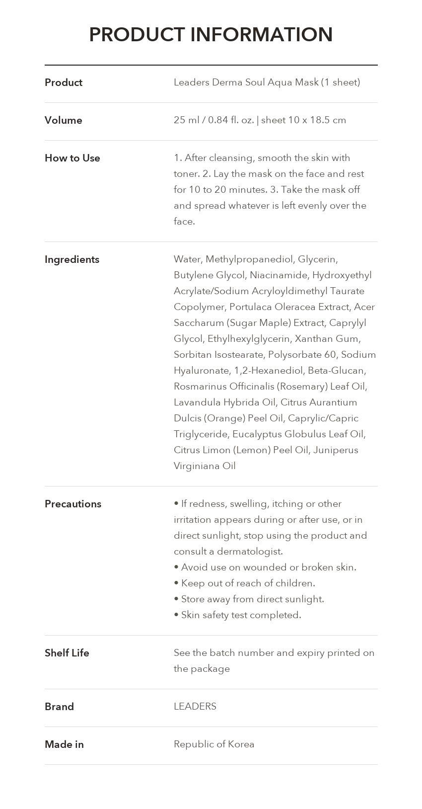 LEADERS Derma Soul Aqua Mask product information