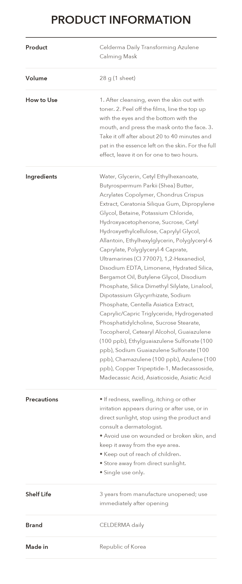 Cellderma Daily Azulene Calming Mask product information