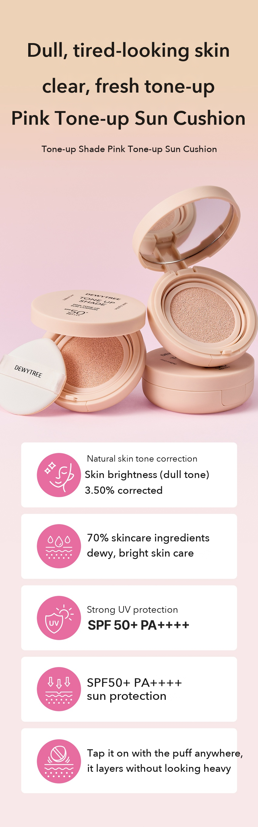 DEWYTREE Pink Tone-Up Sun Cushion detail 01