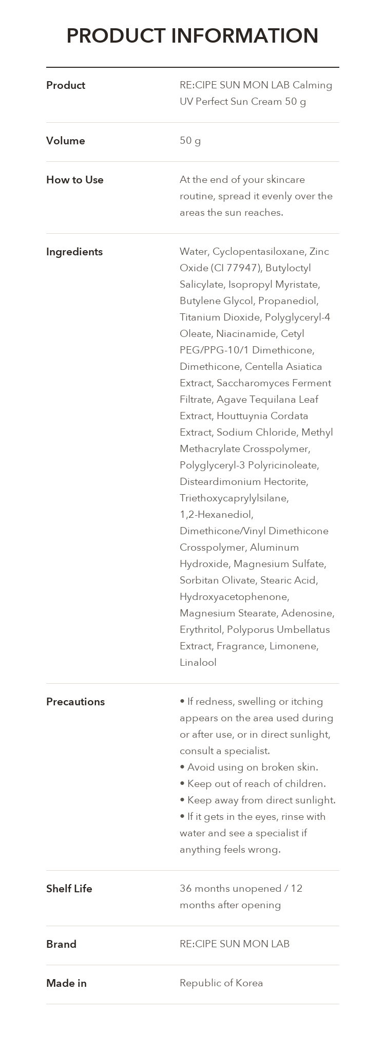 RE:CIPE SUN MON LAB Calming UV Perfect Sun Cream product information