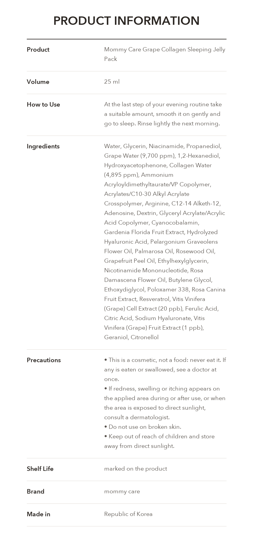 MOMMY CARE Grape Collagen Sleeping Jelly Pack product information