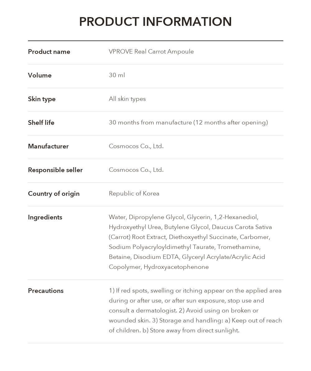 VPROVE Real Carrot Ampoule 30ml product information