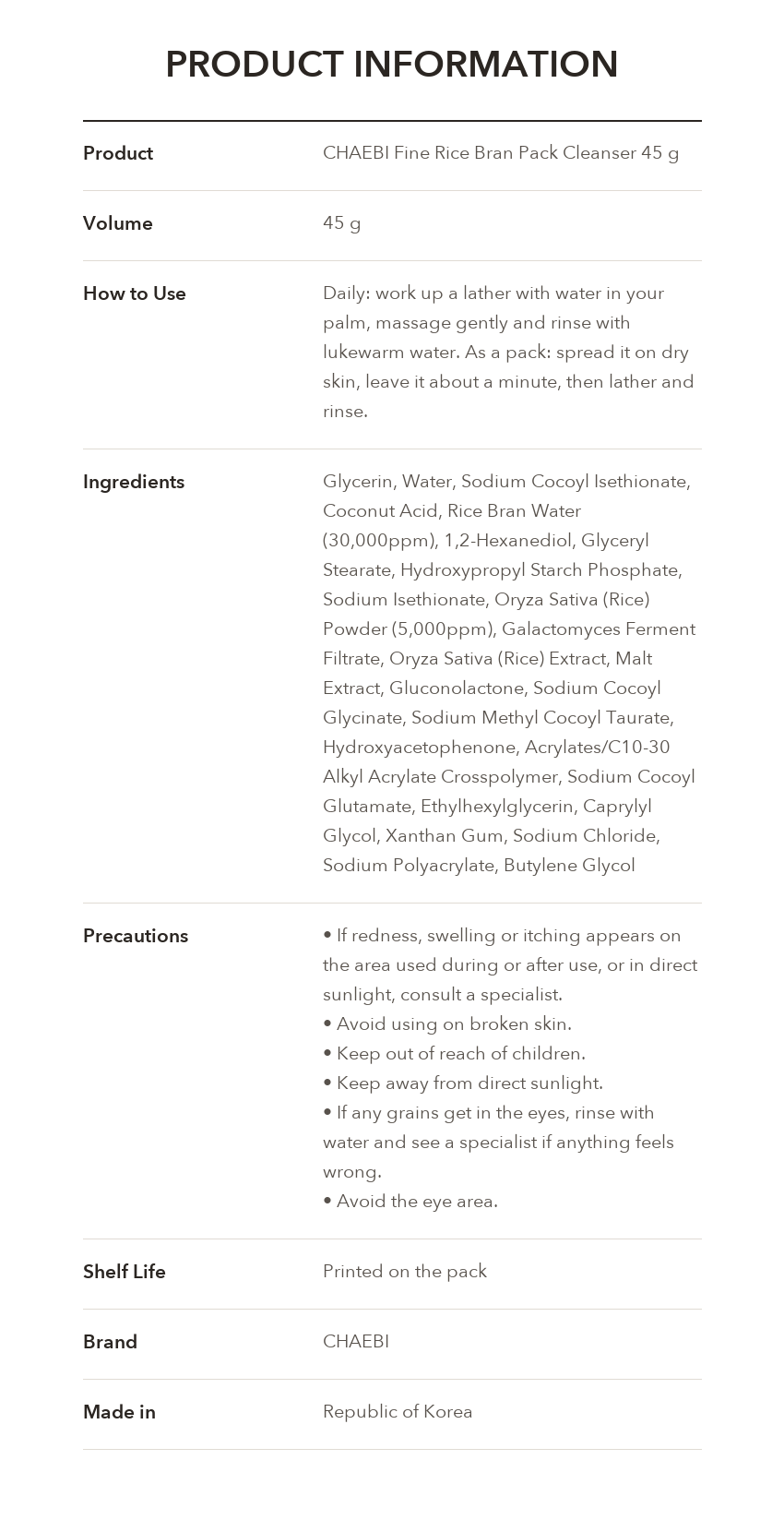 CHAEBI Fine Rice Bran Pack Cleanser product information