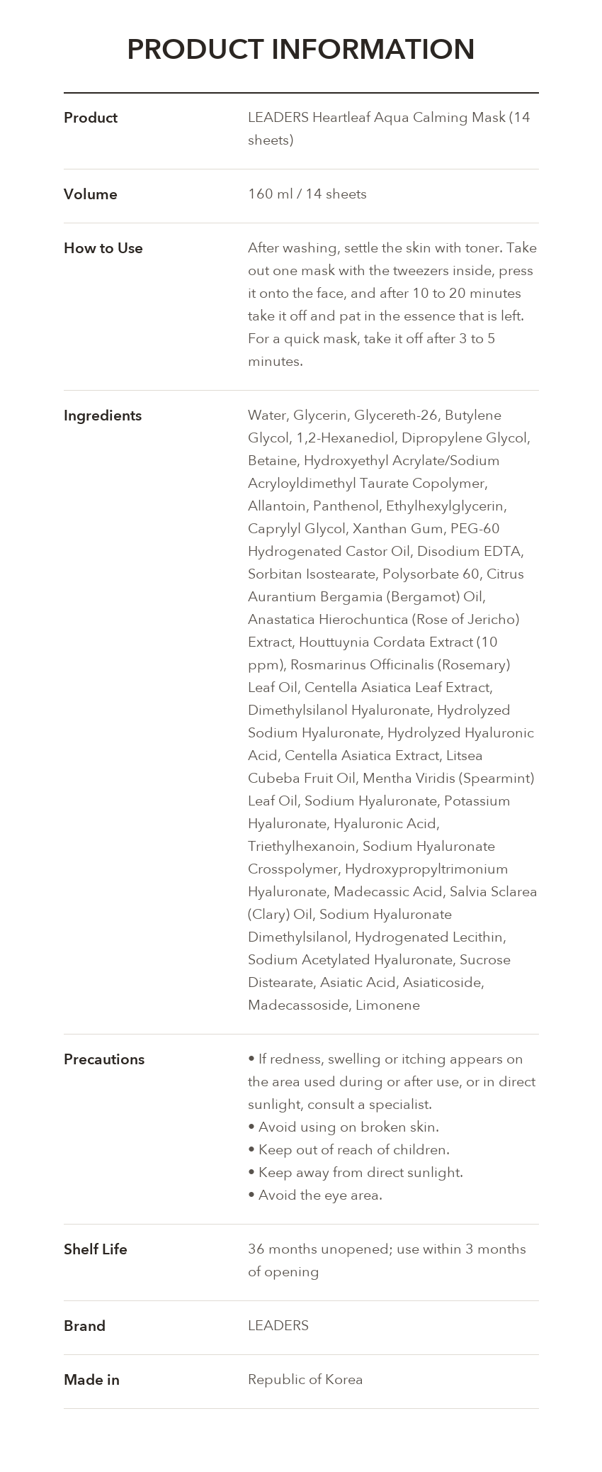 LEADERS Heartleaf Aqua Calming Mask product information