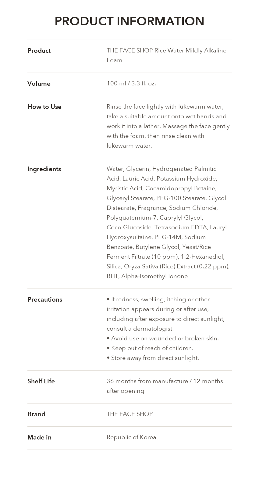 THE FACE SHOP Rice Water Mildly Alkaline Foam product information