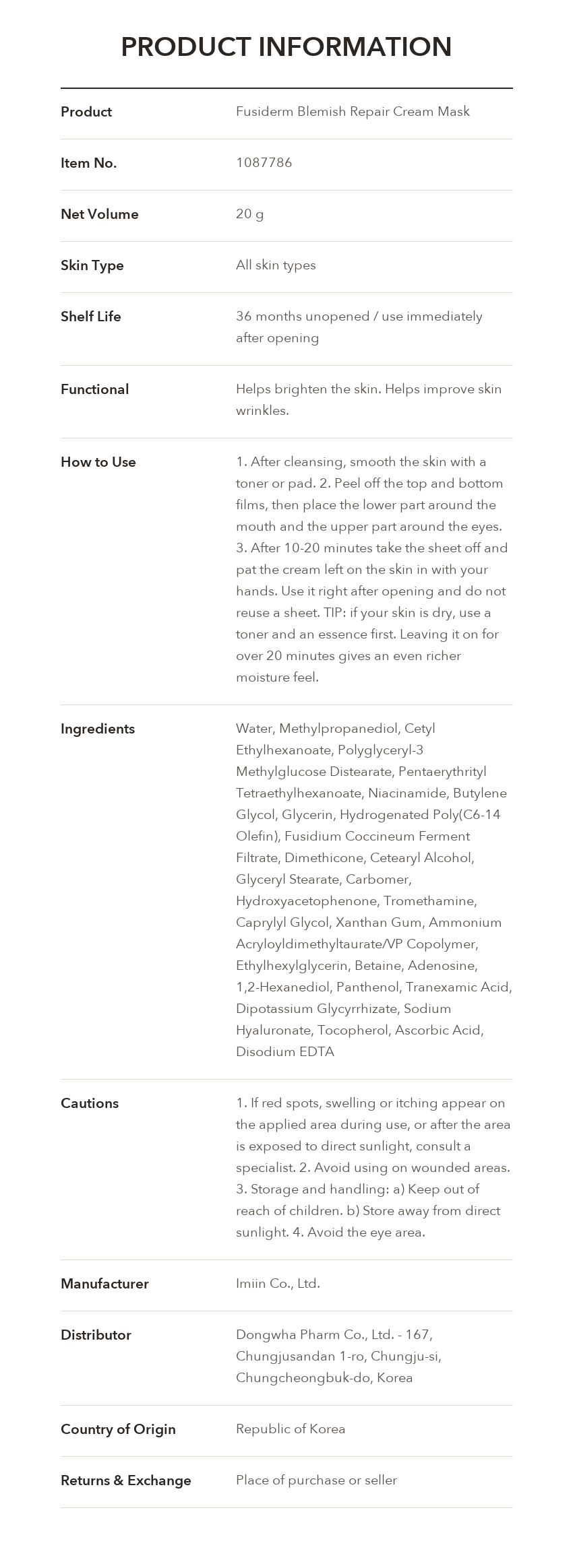 Fusiderm Blemish Repair Cream Mask product information