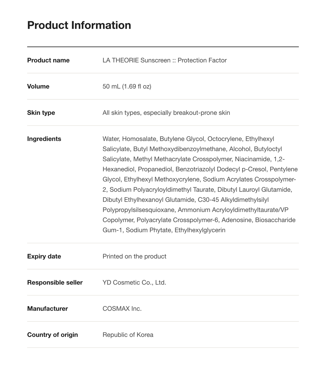 LA THEORIE Sunscreen Protection Factor product information