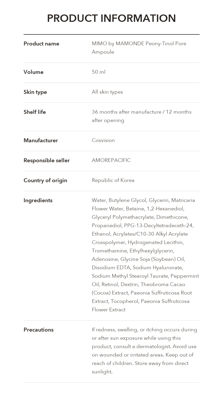MIMO by MAMONDE Peony-Tinol Pore Ampoule product information