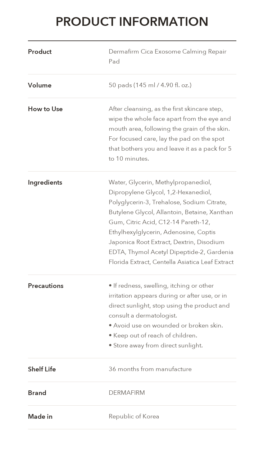DERMAFIRM Cica Exosome Calming Repair Pad product information