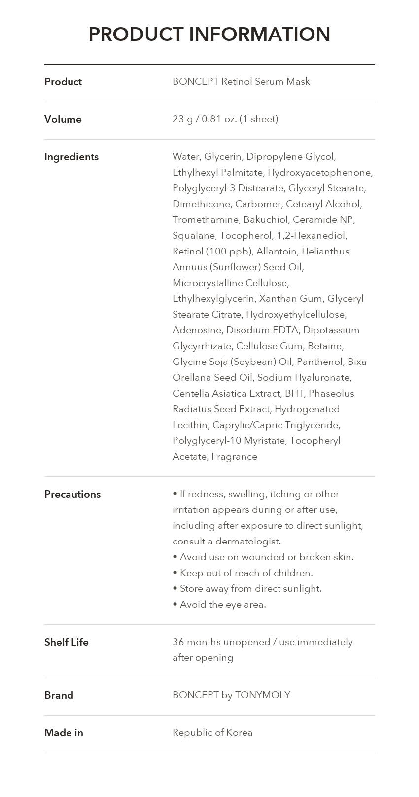 BONCEPT Retinol Serum Mask product information