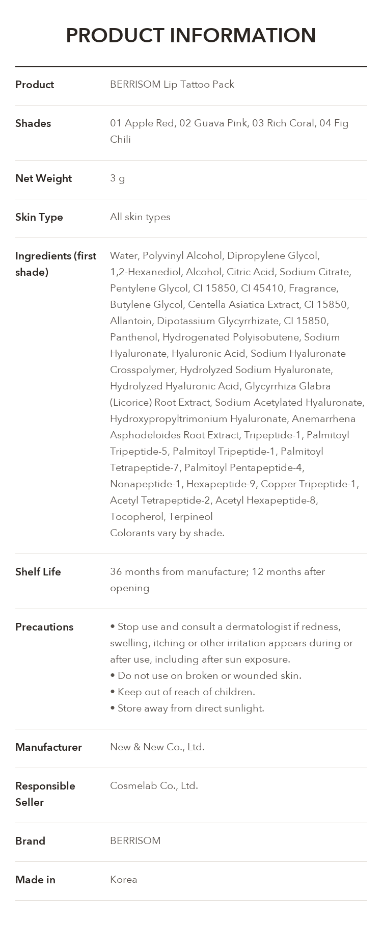 BERRISOM Lip Tattoo Pack 3g product information