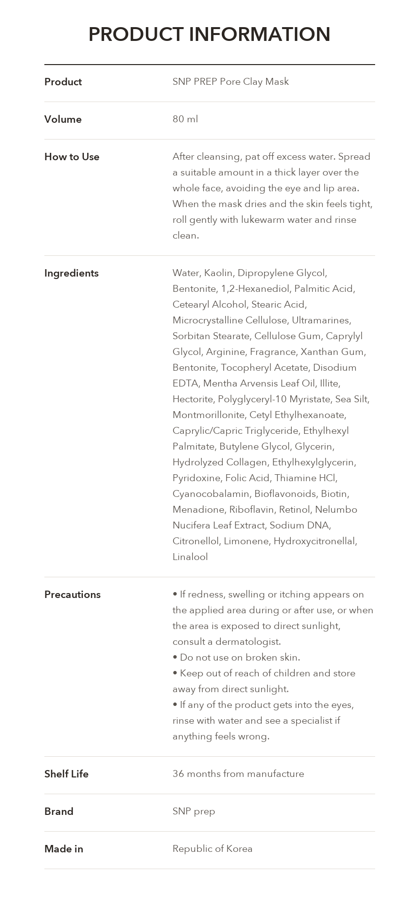 SNP PREP Pore Clay Mask product information