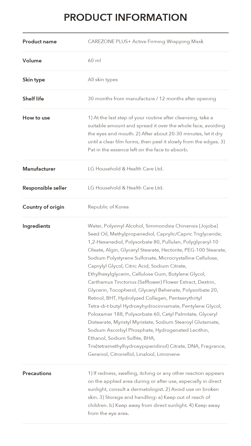 CAREZONE PLUS+ Density Firming Wrapping Mask product information