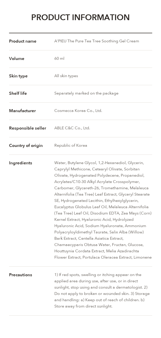 A'PIEU The Pure Tea Tree Soothing Gel Cream product information