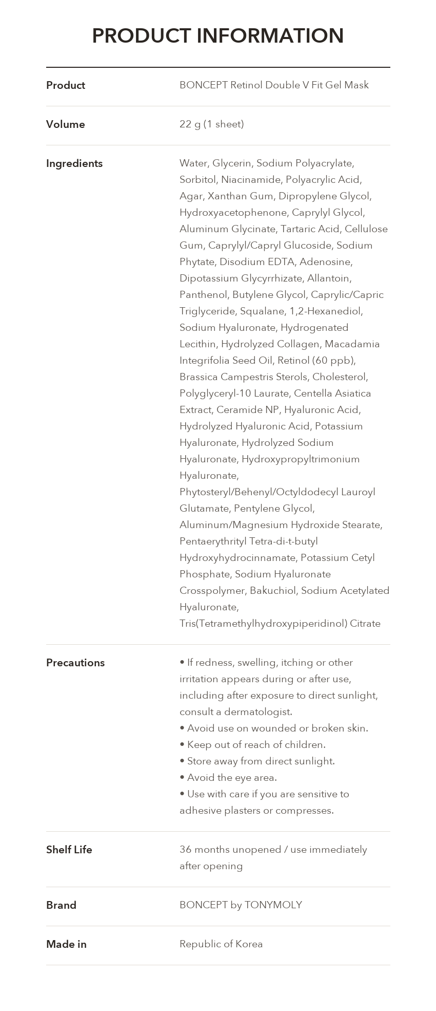 BONCEPT Retinol Double V Fit Gel Mask product information
