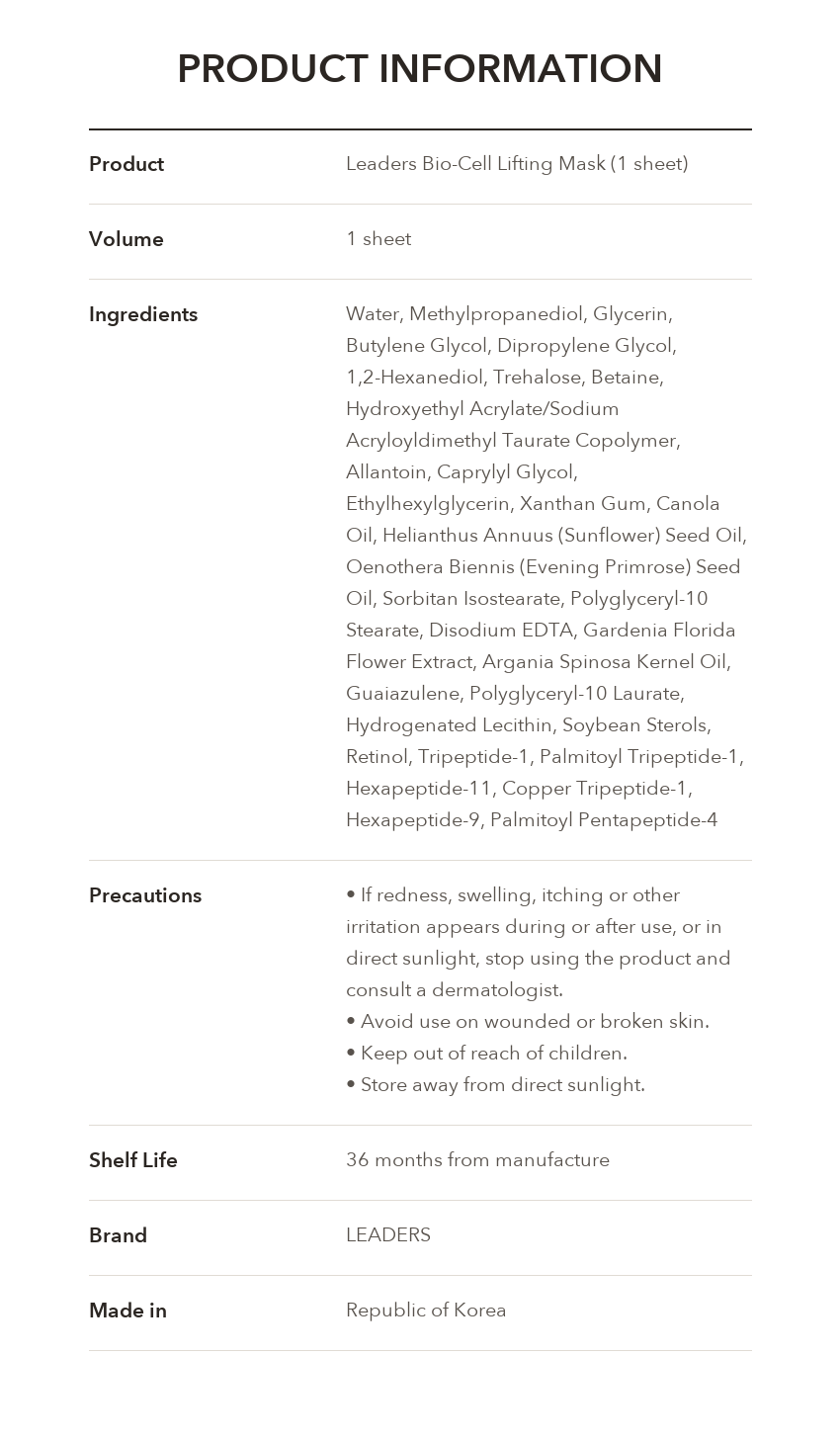 LEADERS Bio-Cell Lifting Mask product information