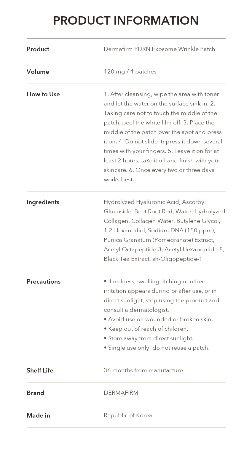 DERMAFIRM PDRN Exosome Wrinkle Patch product information