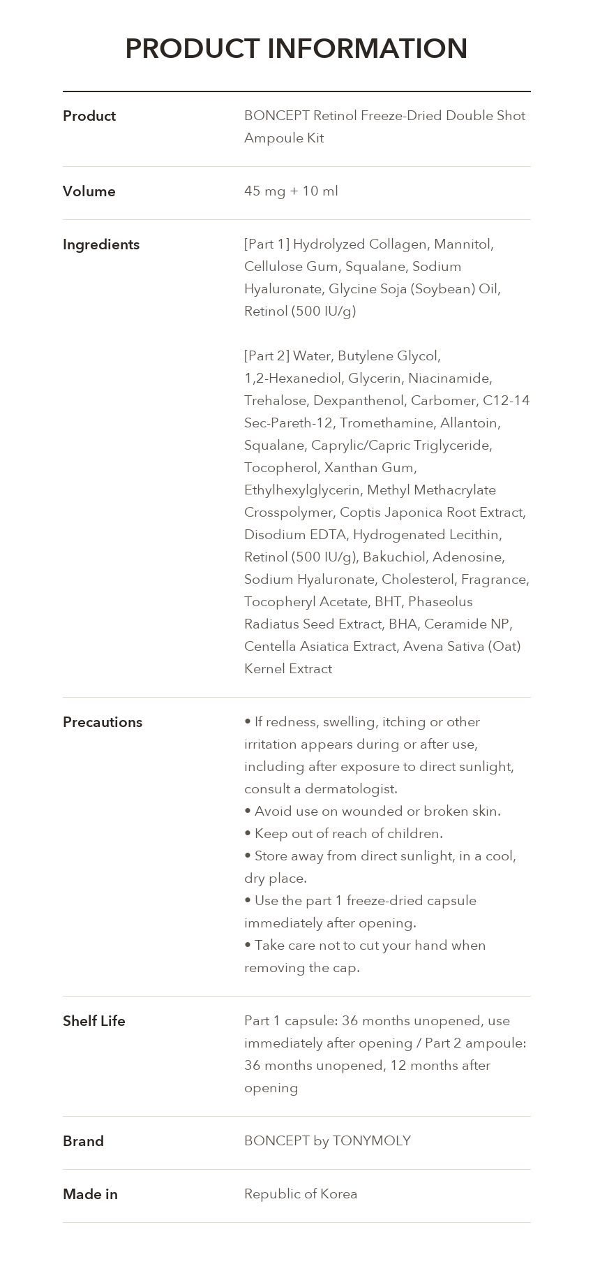 BONCEPT Retinol Freeze-Dried Double Shot Ampoule Kit product information