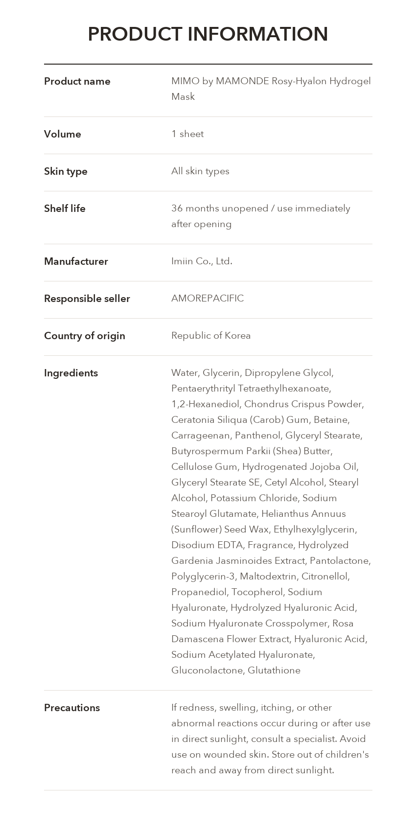 MIMO by MAMONDE Rosy-Hyalon Hydrogel Mask product information