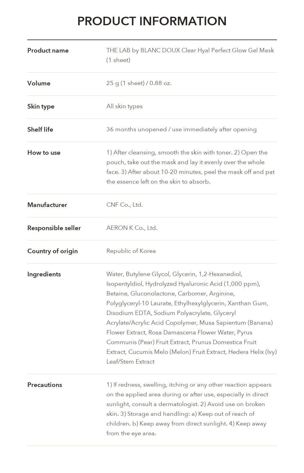 THE LAB by BLANC DOUX Clear Hyal Perfect Glow Gel Mask product information