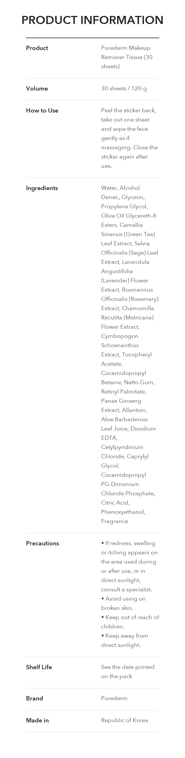 PUREDERM Makeup Remover Tissue product information