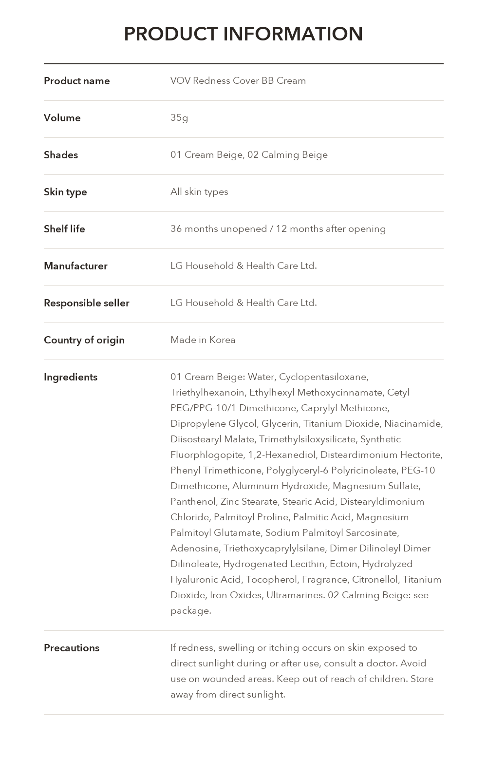 VOV Redness Cover BB Cream 35g product information