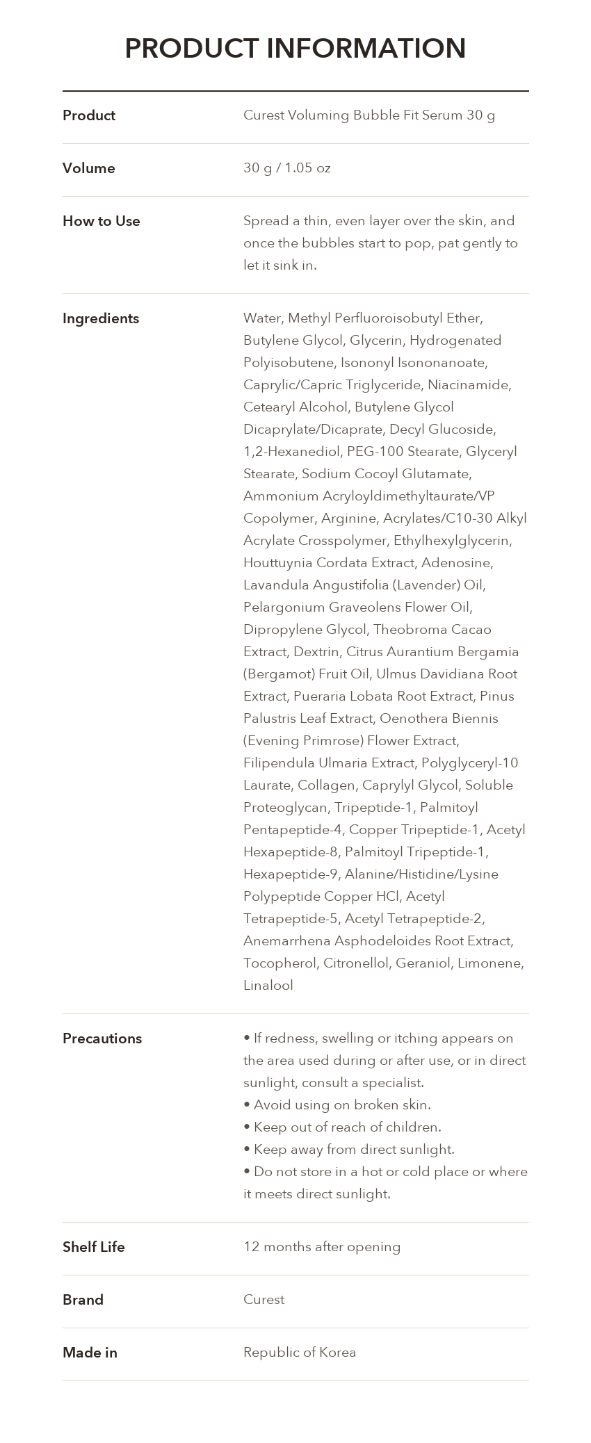 CUREST Voluming Bubble Fit Serum product information