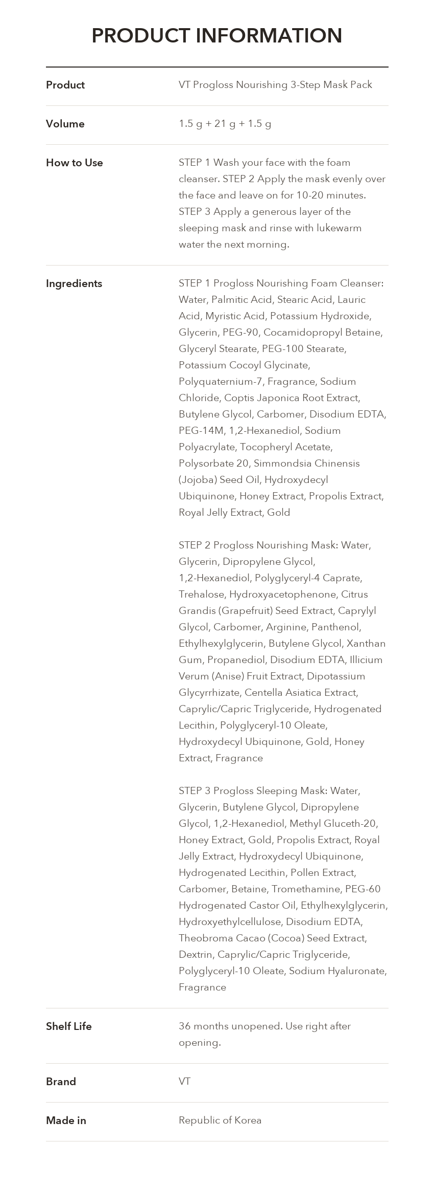 VT Progloss Nourishing 3-Step Mask Pack product information