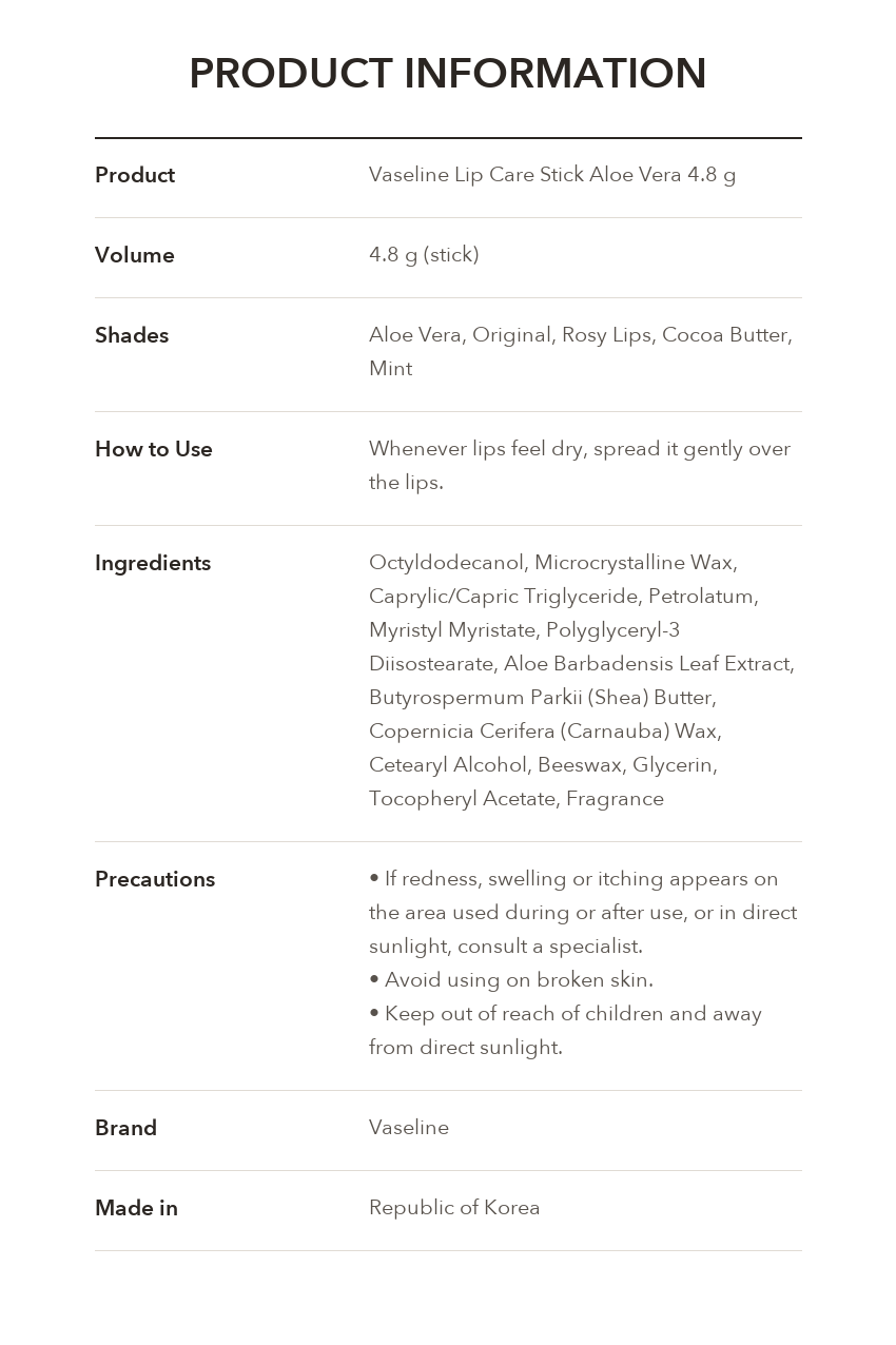 Vaseline Lip Therapy Aloe Vera product information