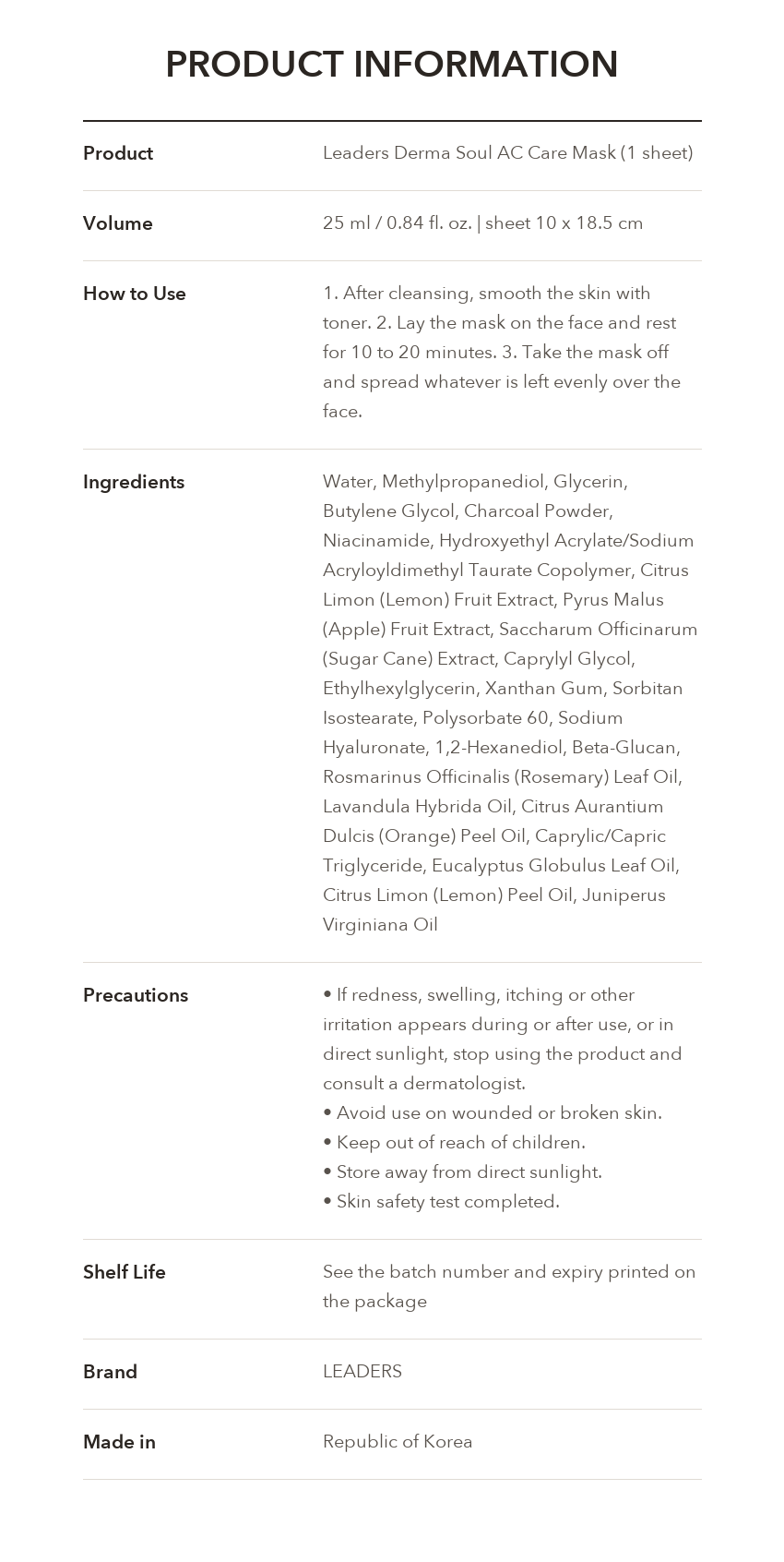 LEADERS Derma Soul AC Care Mask product information