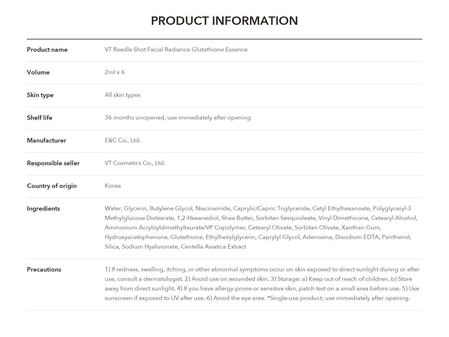 VT Reedle Shot Facial Radiance Glutathione Essence 2ml x 6 product information