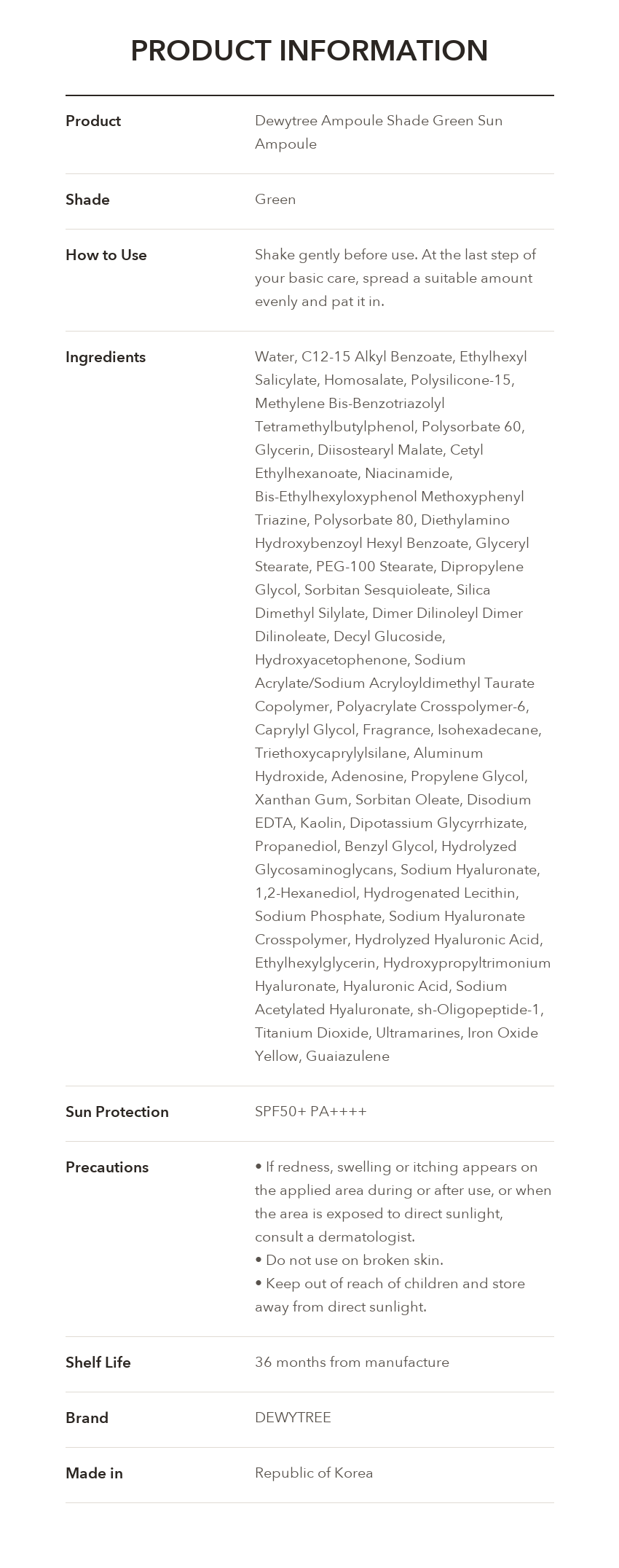DEWYTREE Green Sun Ampoule product information