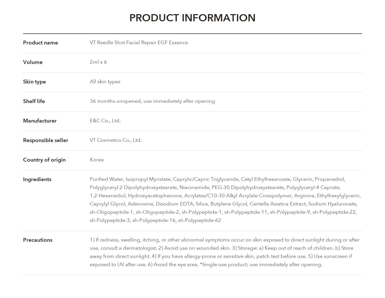VT Reedle Shot Facial Repair EGF Essence 2ml x 6 product information